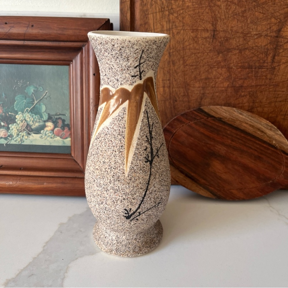Vintage MCM Speckled Ceramic Vase with Leaf Design VGUC